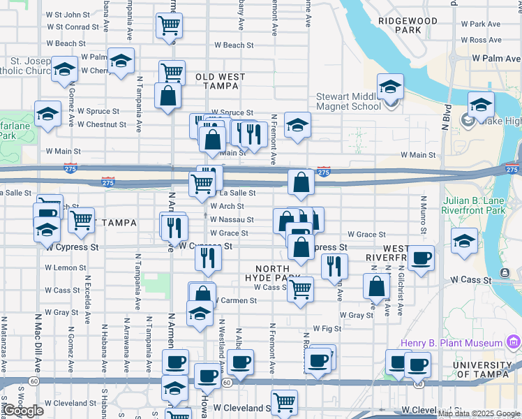 map of restaurants, bars, coffee shops, grocery stores, and more near 1918 West Arch Street in Tampa
