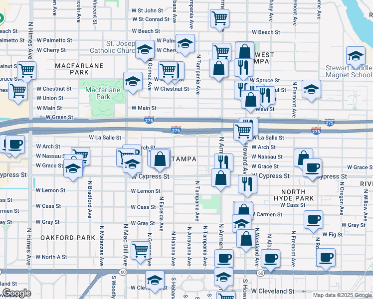 map of restaurants, bars, coffee shops, grocery stores, and more near 2712 W Arch St in Tampa