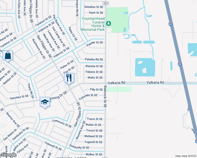 map of restaurants, bars, coffee shops, grocery stores, and more near 1674 Waltz Street Southeast in Palm Bay