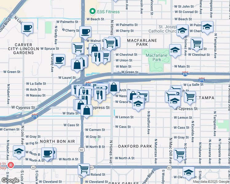 map of restaurants, bars, coffee shops, grocery stores, and more near 1210 North Himes Avenue in Tampa