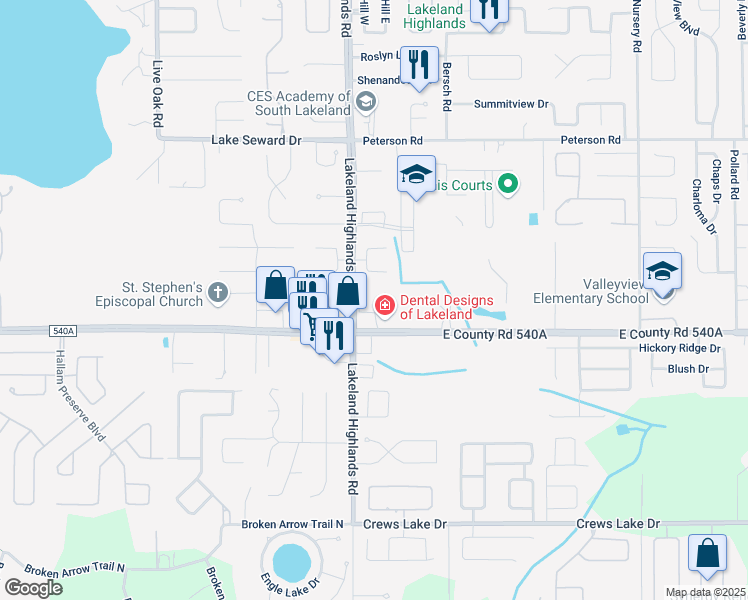 map of restaurants, bars, coffee shops, grocery stores, and more near 6150 Lakeland Highlands Road in Lakeland