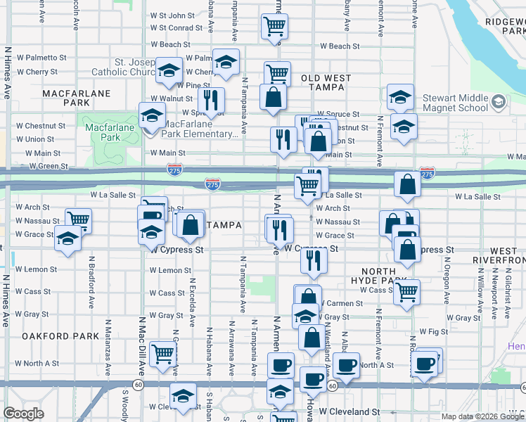 map of restaurants, bars, coffee shops, grocery stores, and more near 2602 West Arch Street in Tampa