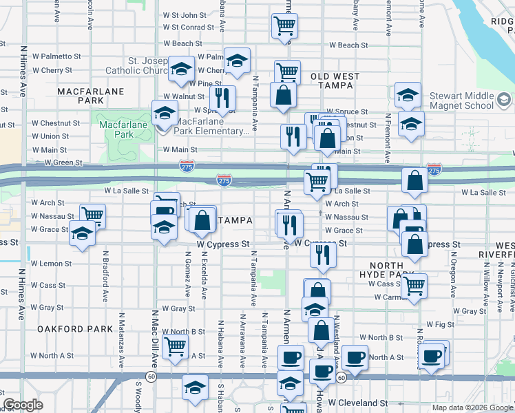 map of restaurants, bars, coffee shops, grocery stores, and more near 2602 West Arch Street in Tampa