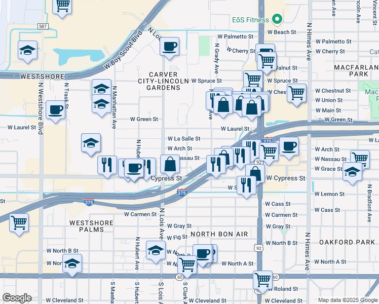 map of restaurants, bars, coffee shops, grocery stores, and more near 4101 West Nassau Street in Tampa