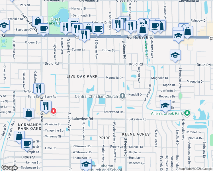 map of restaurants, bars, coffee shops, grocery stores, and more near 1011 Woodside Avenue in Clearwater