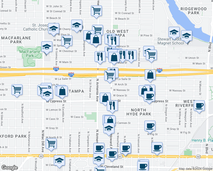 map of restaurants, bars, coffee shops, grocery stores, and more near 2316 West Arch Street in Tampa