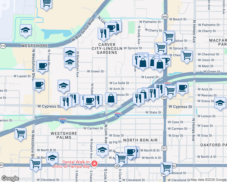 map of restaurants, bars, coffee shops, grocery stores, and more near 4121 West Nassau Street in Tampa