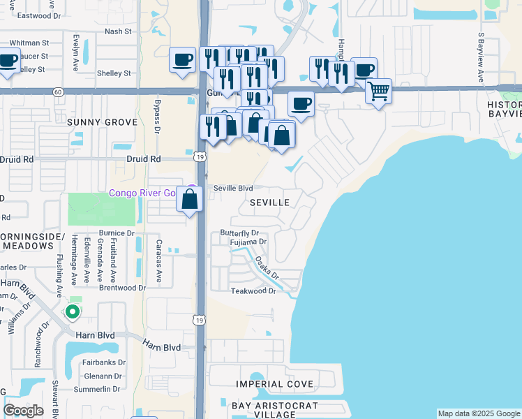 map of restaurants, bars, coffee shops, grocery stores, and more near 2612 Pearce Drive in Clearwater
