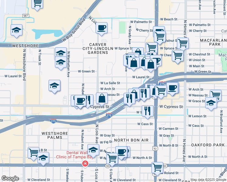 map of restaurants, bars, coffee shops, grocery stores, and more near 4101 West Nassau Street in Tampa