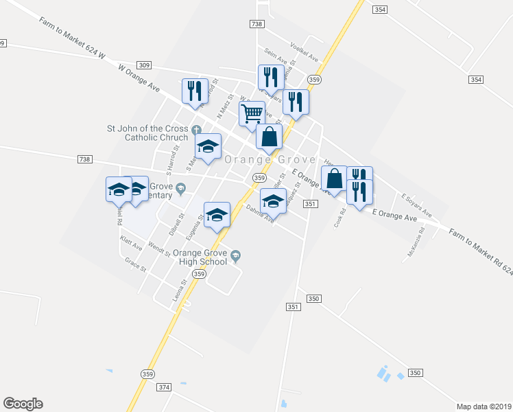 map of restaurants, bars, coffee shops, grocery stores, and more near 104 Dahme Avenue in Orange Grove