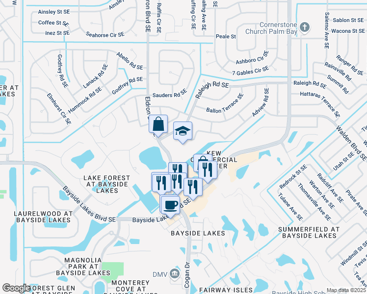 map of restaurants, bars, coffee shops, grocery stores, and more near 1755 Eldron Boulevard Southeast in Palm Bay