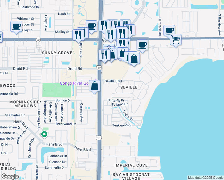 map of restaurants, bars, coffee shops, grocery stores, and more near 1012 Pearce Drive in Clearwater