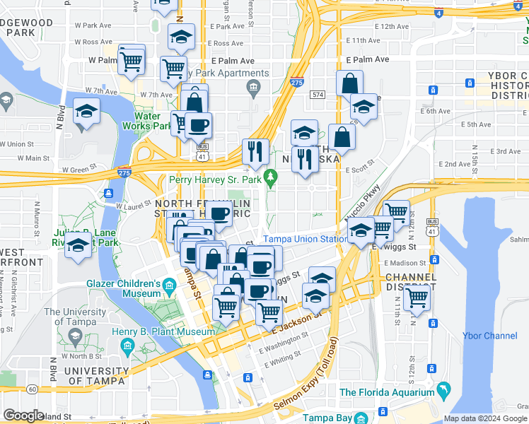 map of restaurants, bars, coffee shops, grocery stores, and more near 1000 East Harrison Street in Tampa