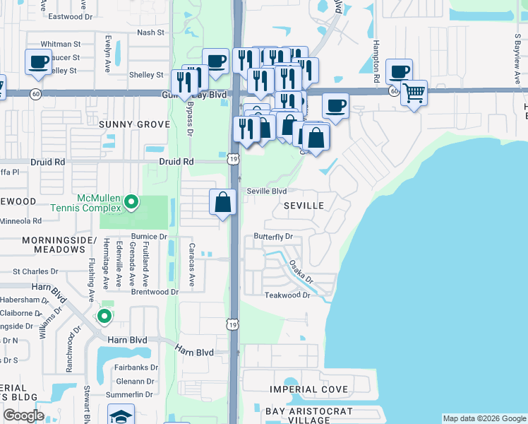map of restaurants, bars, coffee shops, grocery stores, and more near 1012 Pearce Drive in Clearwater