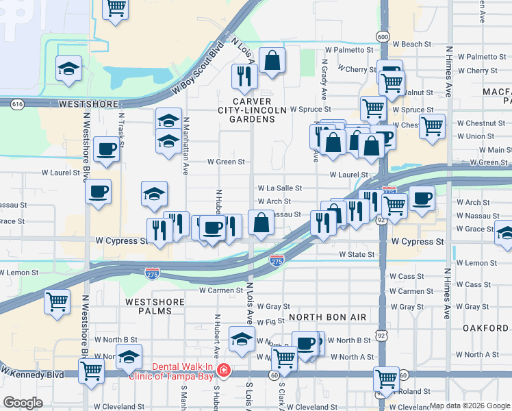 map of restaurants, bars, coffee shops, grocery stores, and more near 4124 West Arch Street in Tampa