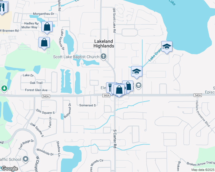 map of restaurants, bars, coffee shops, grocery stores, and more near 921 Point View Lane in Lakeland