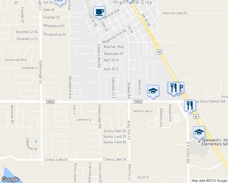 map of restaurants, bars, coffee shops, grocery stores, and more near 6133 Calendar Court East in Lakeland