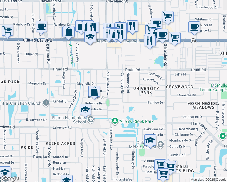 map of restaurants, bars, coffee shops, grocery stores, and more near 2012 Ripon Drive in Clearwater