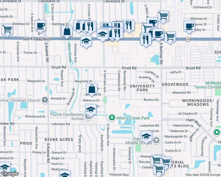 map of restaurants, bars, coffee shops, grocery stores, and more near 2012 Ripon Drive in Clearwater