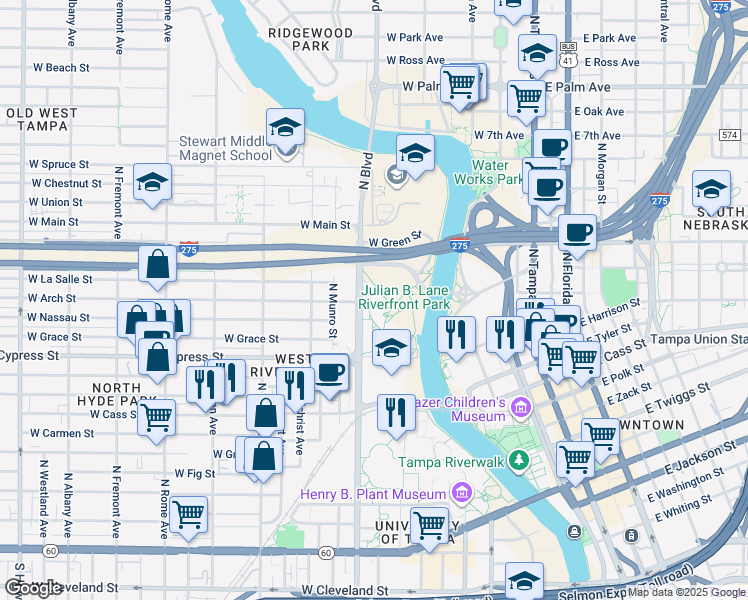 map of restaurants, bars, coffee shops, grocery stores, and more near 1301 North Boulevard in Tampa