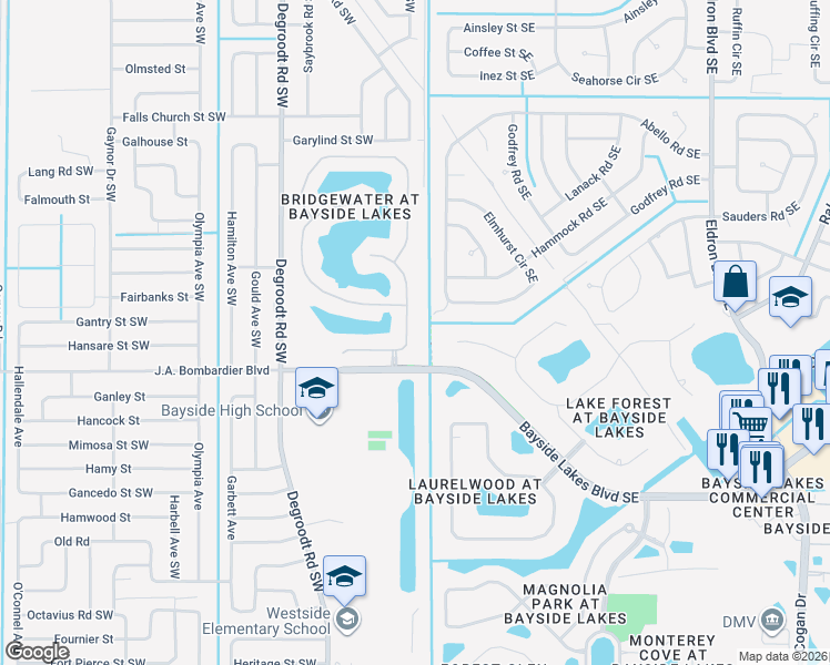 map of restaurants, bars, coffee shops, grocery stores, and more near 1725 Sawgrass Drive Southwest in Palm Bay