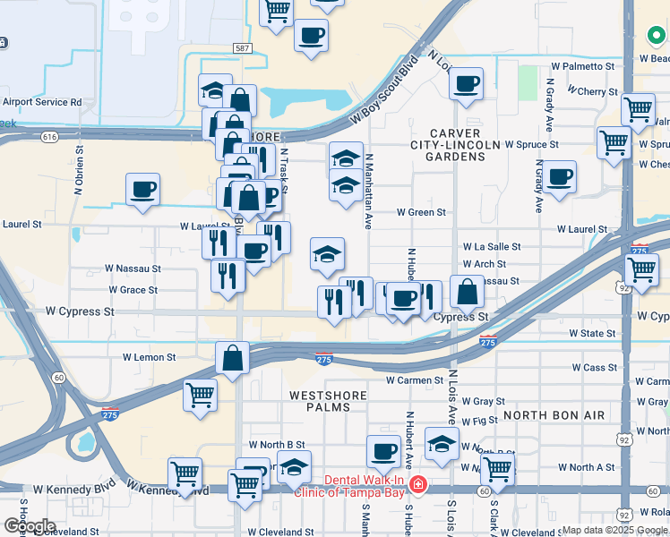 map of restaurants, bars, coffee shops, grocery stores, and more near 4401 West Cypress Street in Tampa