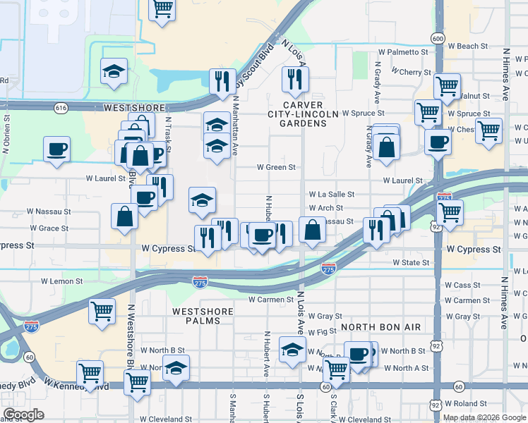 map of restaurants, bars, coffee shops, grocery stores, and more near 4307 West Nassau Street in Tampa