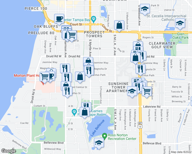 map of restaurants, bars, coffee shops, grocery stores, and more near 1107 South Myrtle Avenue in Clearwater