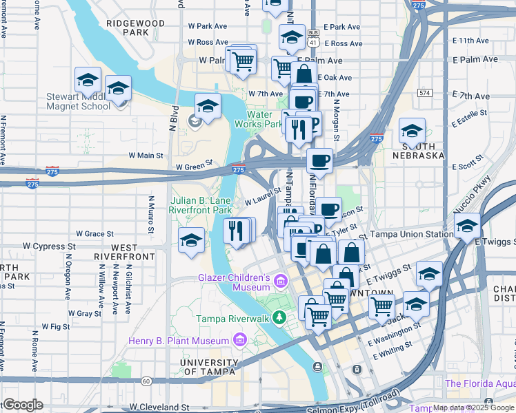 map of restaurants, bars, coffee shops, grocery stores, and more near 109 West Fortune Street in Tampa