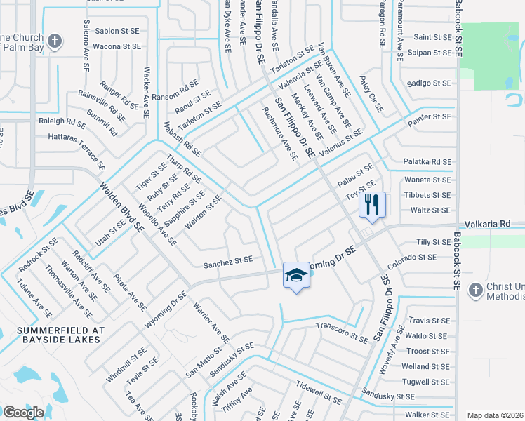 map of restaurants, bars, coffee shops, grocery stores, and more near 1306 Towton Street Southeast in Palm Bay