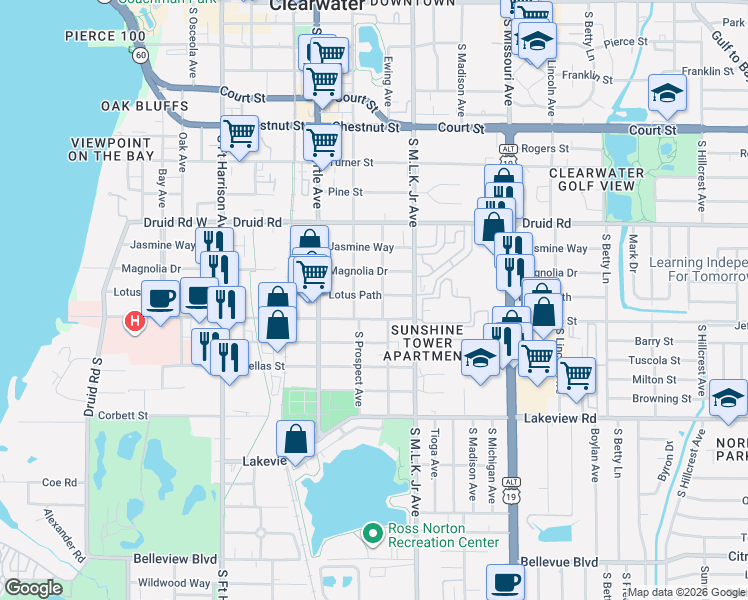 map of restaurants, bars, coffee shops, grocery stores, and more near 1105 South Prospect Avenue in Clearwater