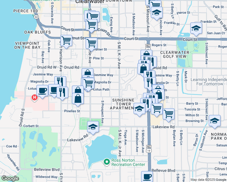 map of restaurants, bars, coffee shops, grocery stores, and more near 1005 Lotus Path in Clearwater