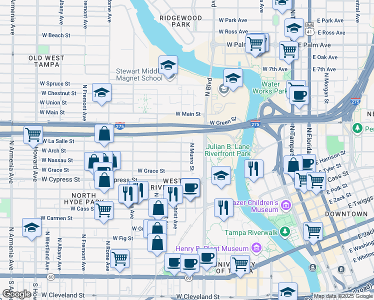 map of restaurants, bars, coffee shops, grocery stores, and more near 1006 West Arch Street in Tampa