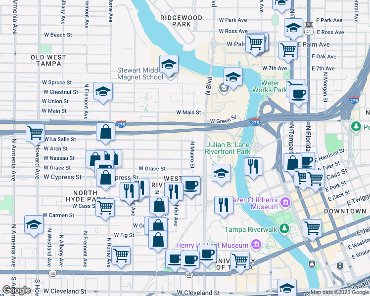 map of restaurants, bars, coffee shops, grocery stores, and more near 1006 West Arch Street in Tampa