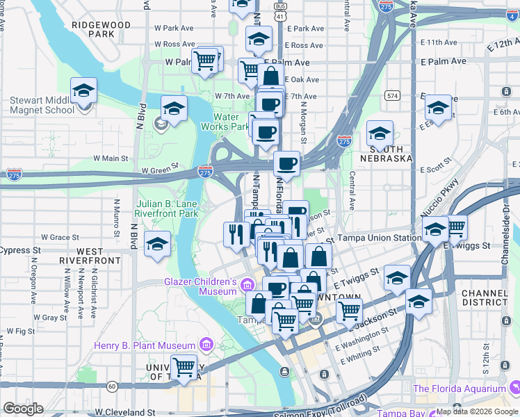 map of restaurants, bars, coffee shops, grocery stores, and more near 1211 North Tampa Street in Tampa