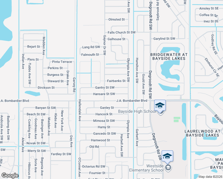 map of restaurants, bars, coffee shops, grocery stores, and more near 483 Hansare Street Southwest in Palm Bay