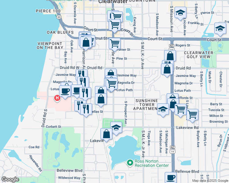 map of restaurants, bars, coffee shops, grocery stores, and more near 1107 South Myrtle Avenue in Clearwater