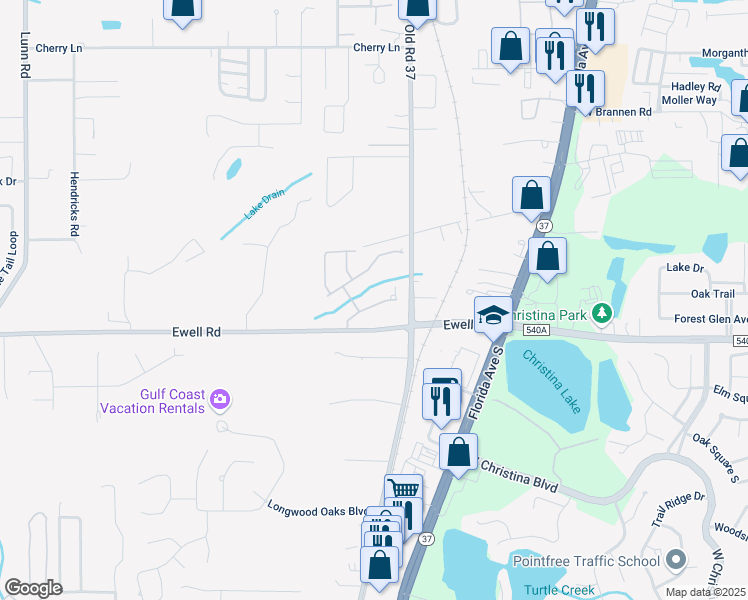 map of restaurants, bars, coffee shops, grocery stores, and more near 1125 Stoney Creek Boulevard in Lakeland