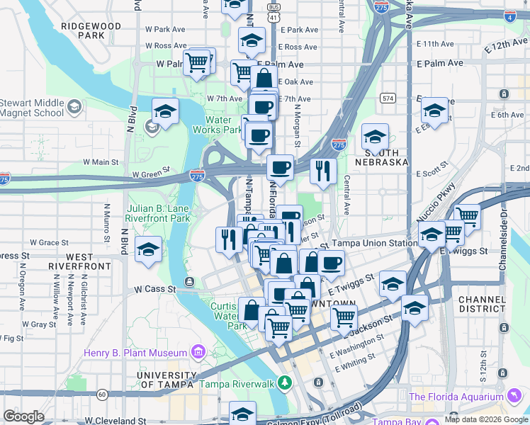 map of restaurants, bars, coffee shops, grocery stores, and more near 1209 North Franklin Street in Tampa