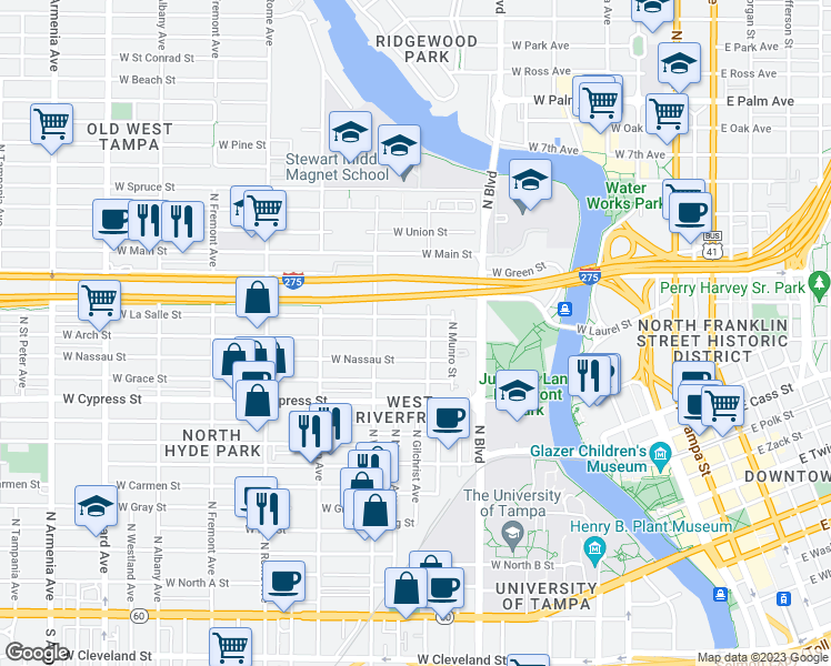 map of restaurants, bars, coffee shops, grocery stores, and more near 1105 West Arch Street in Tampa