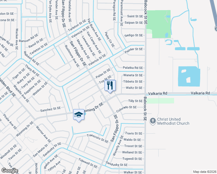 map of restaurants, bars, coffee shops, grocery stores, and more near 1556 Wigmore Street Southeast in Palm Bay