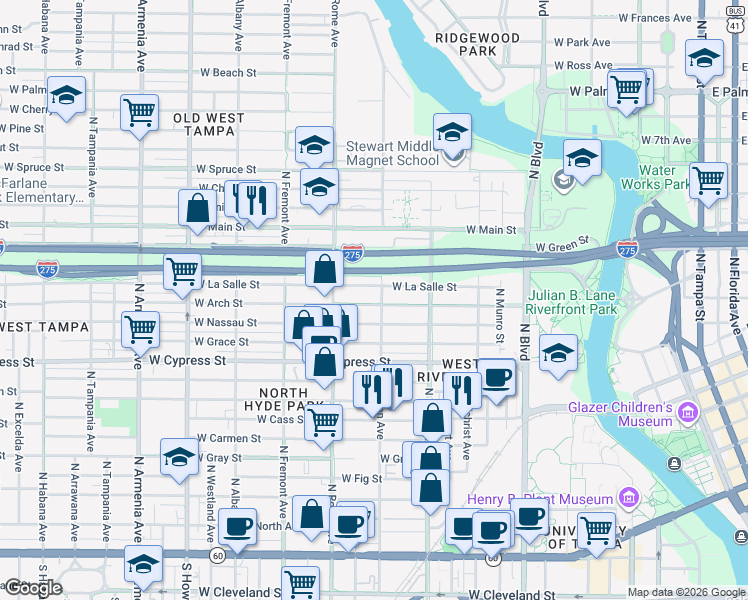 map of restaurants, bars, coffee shops, grocery stores, and more near 1324 West Arch Street in Tampa