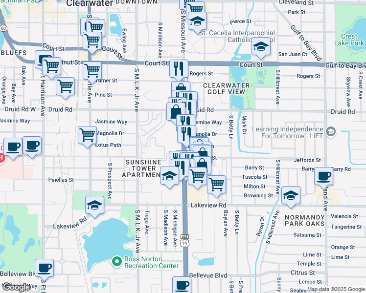 map of restaurants, bars, coffee shops, grocery stores, and more near 1104 South Missouri Avenue in Clearwater