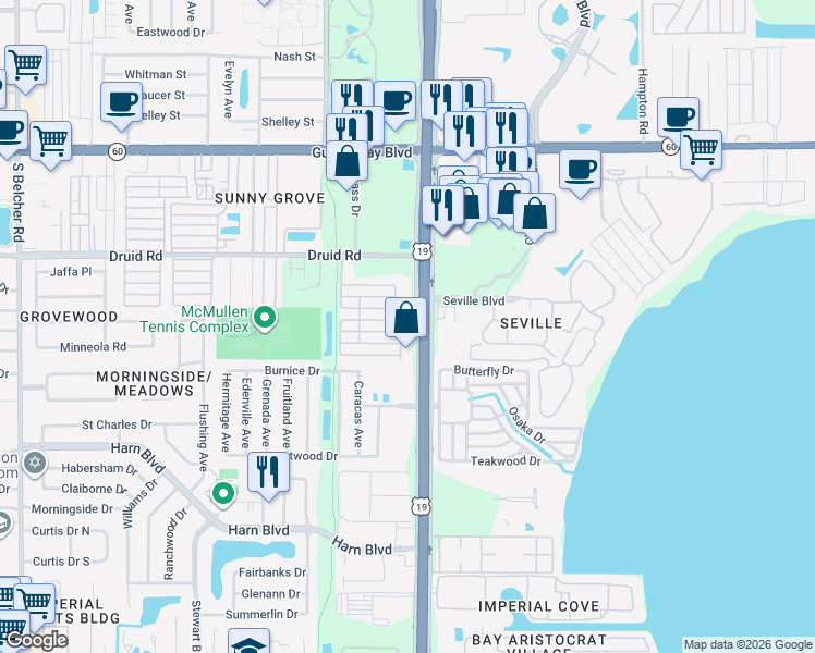 map of restaurants, bars, coffee shops, grocery stores, and more near 601 Sixth Street in Clearwater