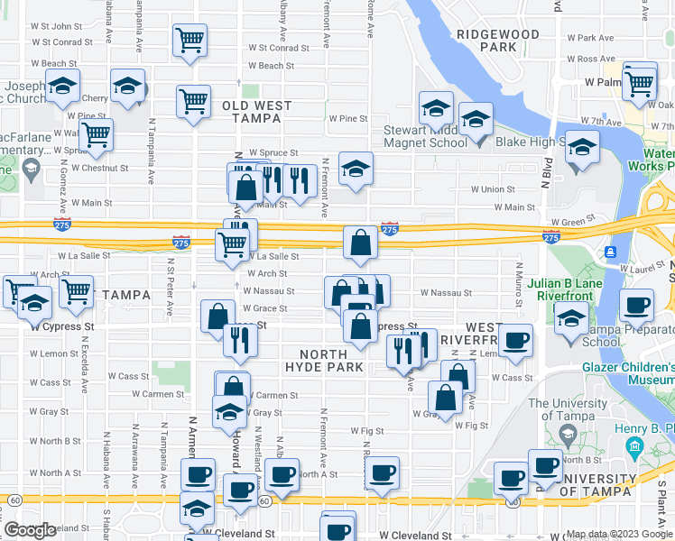 map of restaurants, bars, coffee shops, grocery stores, and more near 1725 West Arch Street in Tampa
