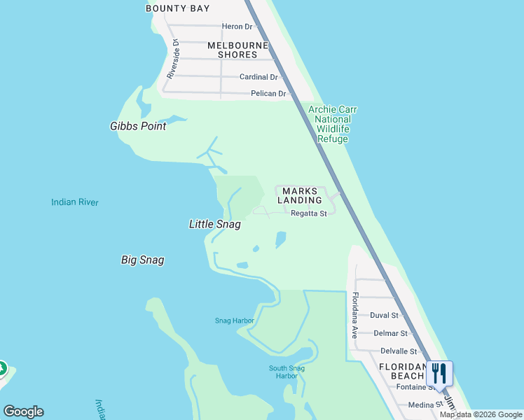 map of restaurants, bars, coffee shops, grocery stores, and more near 6255 Treetop Drive in Melbourne Beach