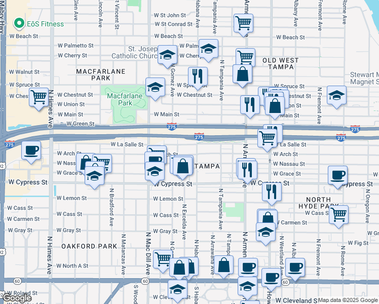 map of restaurants, bars, coffee shops, grocery stores, and more near 2904 West Arch Street in Tampa