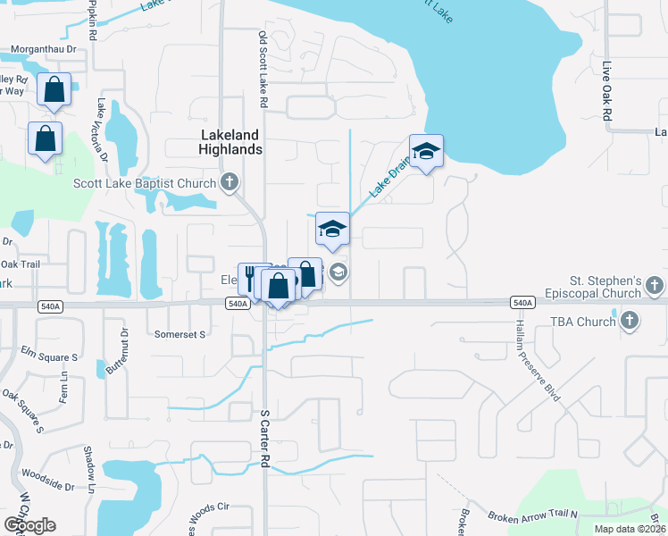 map of restaurants, bars, coffee shops, grocery stores, and more near 6021-6167 Malcolm Drive in Lakeland