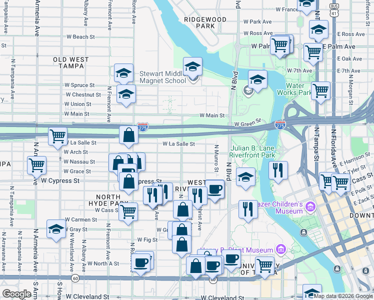 map of restaurants, bars, coffee shops, grocery stores, and more near 1112 West Arch Street in Tampa