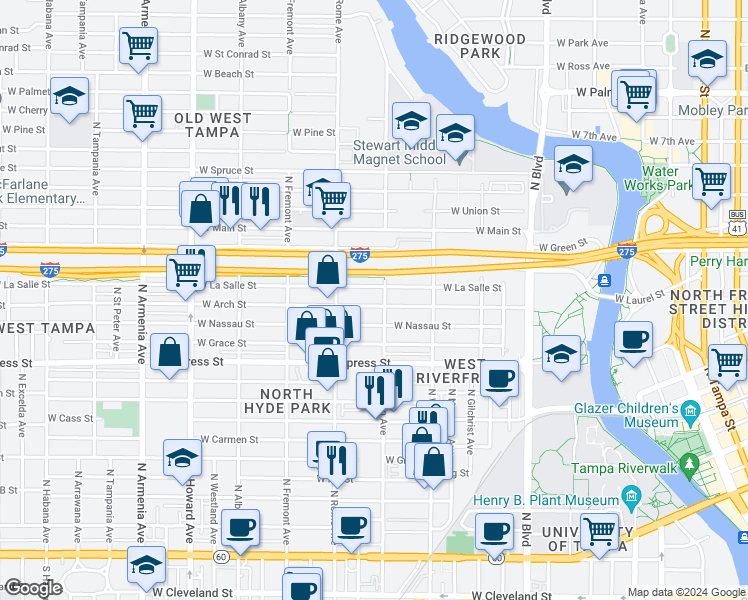 map of restaurants, bars, coffee shops, grocery stores, and more near 1324 West Arch Street in Tampa